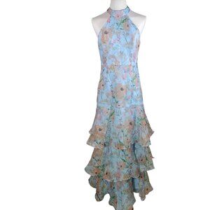 Lulus Forever Exceptional Light Blue Floral Halter Organza Maxi Dress Size M